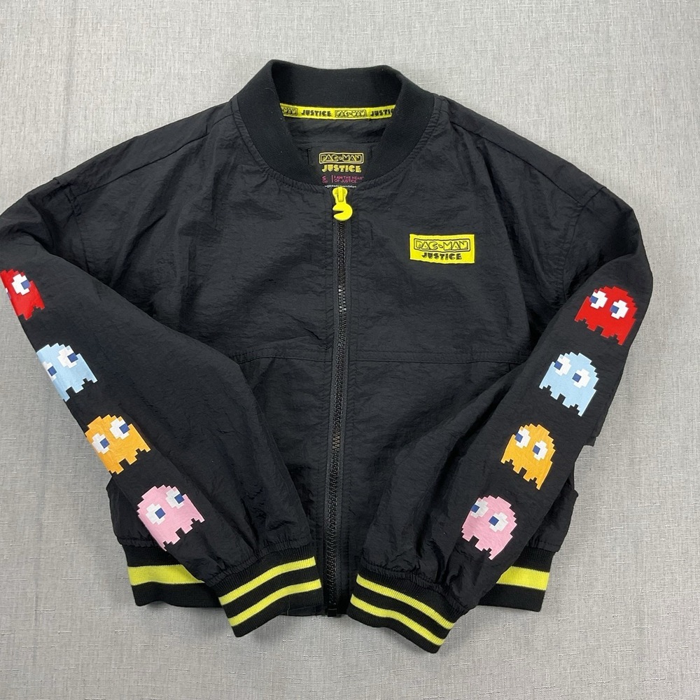 Justice Collab Pac-Man Black Jacket with Pac-Man Patches Girls Size S(7/8)